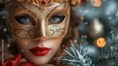  a close up of a woman's face wearing a masquerade and holding a christmas tree ornament in front of a blurry background of a christmas tree.