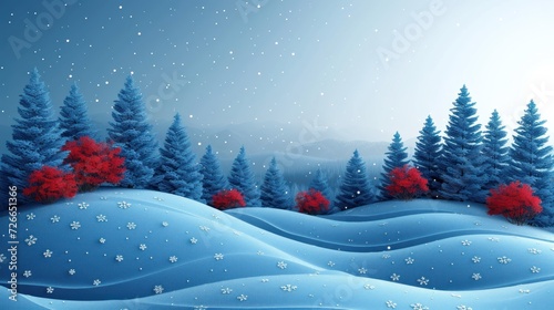  a painting of a snowy landscape with trees and snow flakes in the foreground, and a blue sky with snow flakes in the background, with stars and snow flakes in the foreground. © Zoya