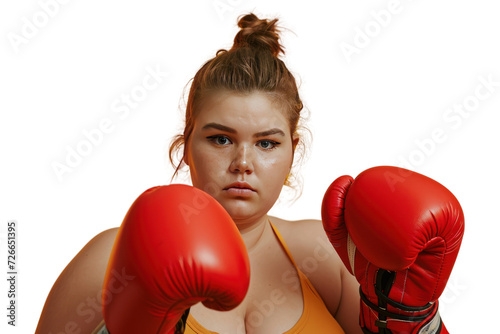 fat girl in red boxing gloves isolated on white transparent background. photo