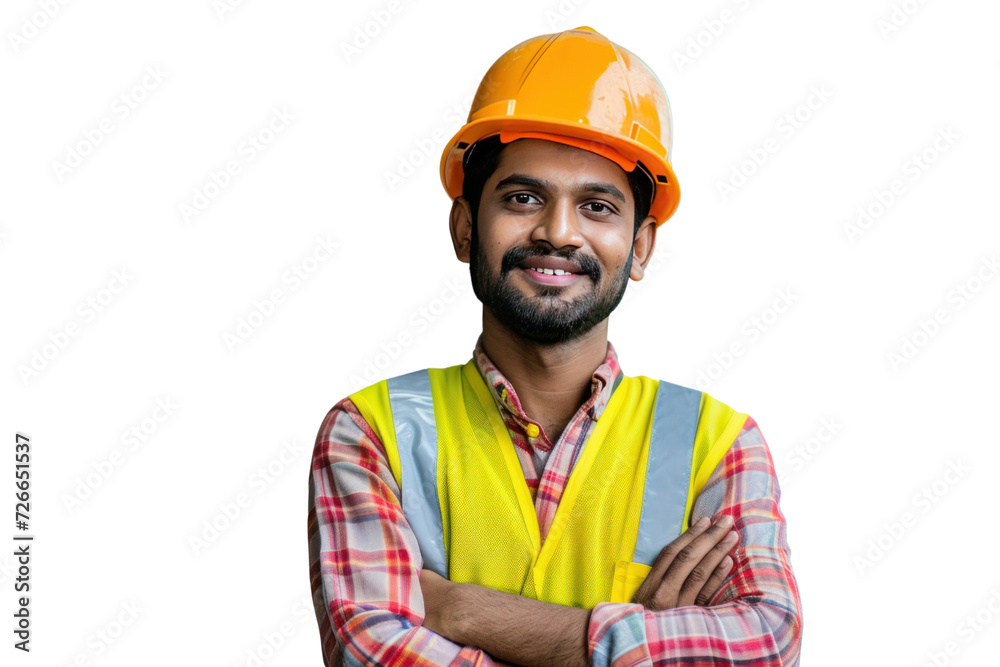 Handsome Indian Engineer Wearing Safety Vest and Hardhat Smiles with Crossed Arms. isolated on white transparent background. Handsome Indian Engineer Wearing Safety Vest and Hardhat Smiles with Crossed Arms. isolated on white transparent background.