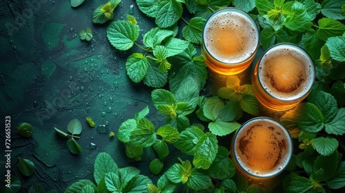  three glasses of beer sitting on top of a table next to green leaves and leaves of minty plants on a dark background with water drops of dew on the glass.