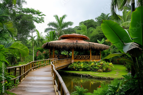 luxurious wood cabin with palm roof in the amazon rainforest, bridges, and pergola, semi circular orchards in tropical garden with a pond permaculture, organic nature, eco-lodge hotel in tropical