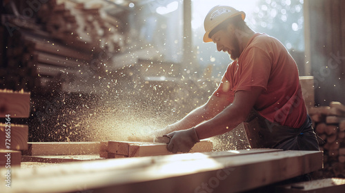 trabajador carpintero cortando madera en el exterior en el taller. Oficio de hombre artesano en madera.  photo