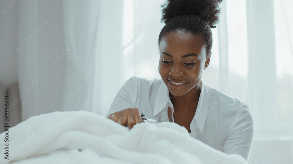 Cheerful woman making bed at home, enjoying daily chores. Cheerful woman making bed at home, enjoying daily chores.