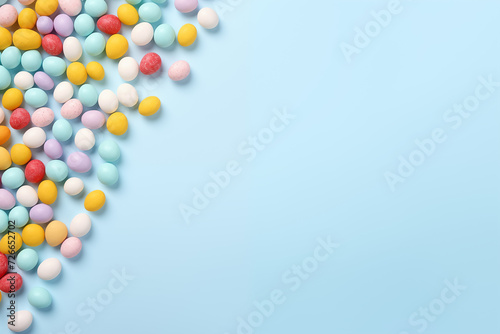 Happy Easter concept. Preparation for holiday. Easter candy chocolate eggs and jellybean sweets isolated on trendy pastel blue background. Simple minimalism flat lay top view copy space banne