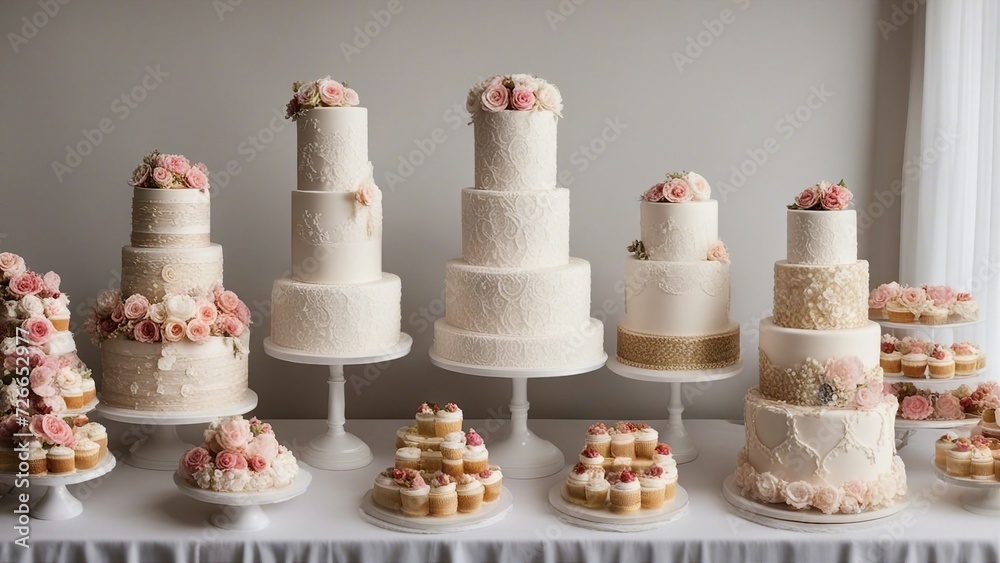A realistic scene of wedding cakes tiered at an indoor party. The cakes are in different shapes, A realistic scene of wedding cakes tiered at an indoor party. The cakes are in different shapes,