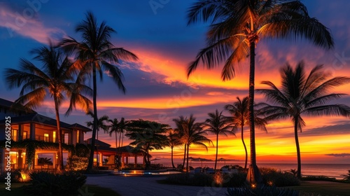 Luxurious villa surrounded by palm trees. Warm shades of sunset. © DreamPointArt