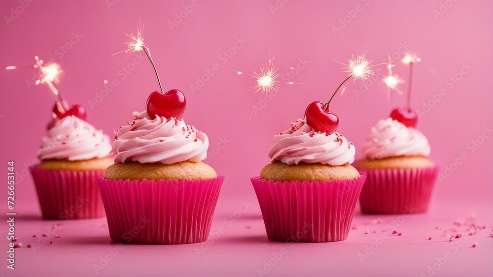 cupcake with pink icing A pink cupcake with a sparkler and buttercream frosting. The cupcake has a paper wrapper and cherries, cherry cupcake with pink icing A pink cupcake with a sparkler and buttercream frosting. The cupcake has a paper wrapper and cherries, cherry