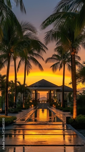 Luxurious villa surrounded by palm trees. Warm shades of sunset.