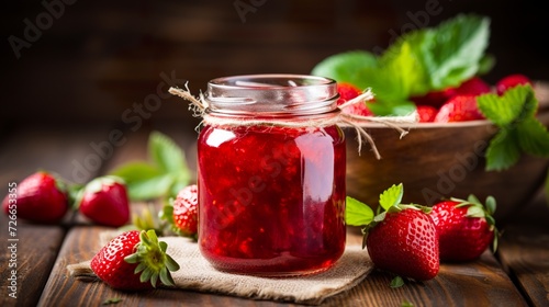 Wallpaper Mural A glass jar displays juicy strawberry jam in vibrant hues and appealing texture. Strawberry jam in a gastronomic delight on rustic wood. Visually appetizing strawberry jam. Torontodigital.ca