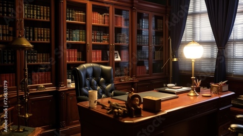 The boss's work room. Director's office with large wooden desk, leather armchair and PC. Aesthetic and elegant interior design