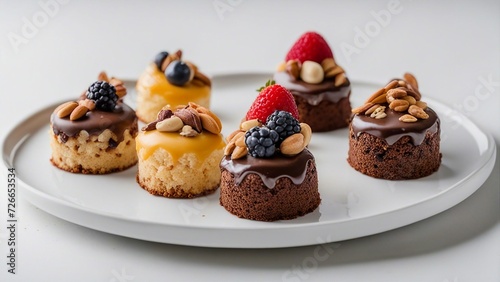chocolate cupcakes with nuts and berries Little cakes with different flavors and decorations sitting on a white plate. 