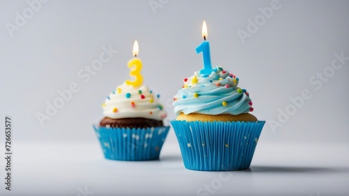 cupcake with candle A realistic scene of a birthday cupcake with a colorful candles 3 three and 1 one 31 thirty one on a white background. 