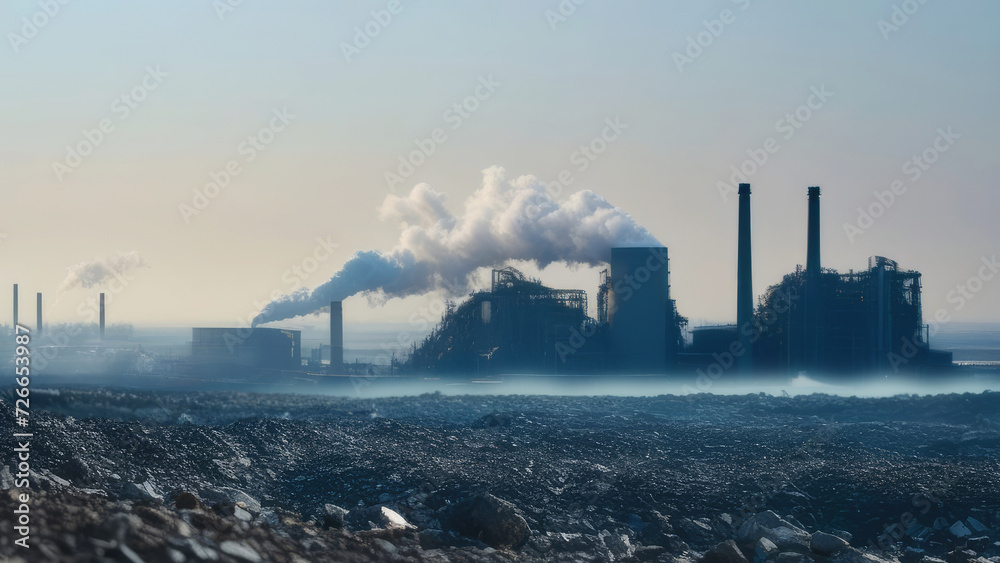 Smoking chimneys, atmospheric emissions, environmental pollution, global warming. World Earth Day, April 22, blurred background, copy space.