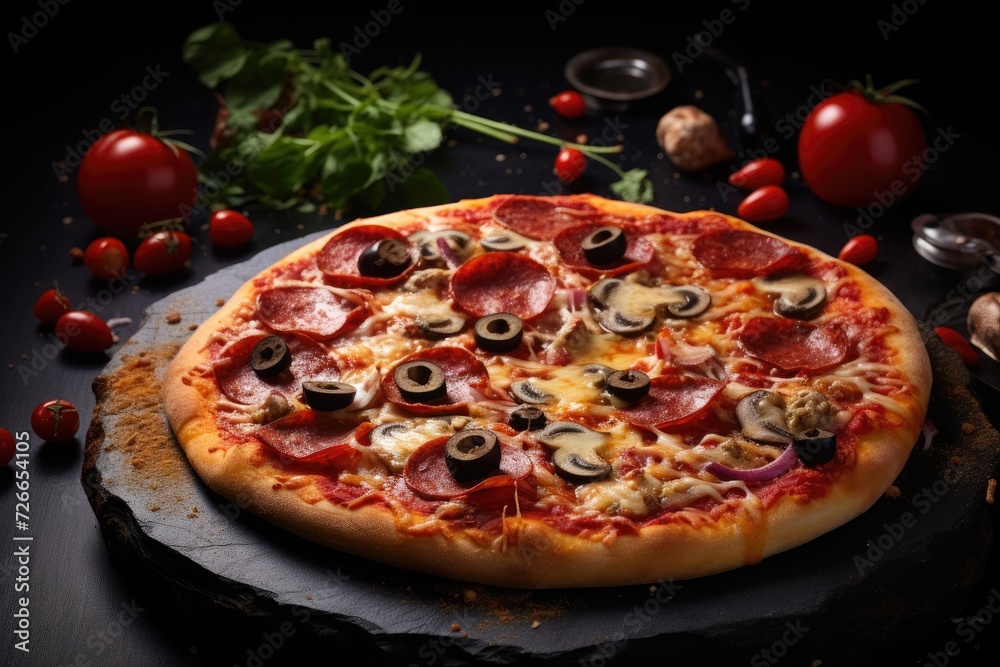 Pizza with salami, mushrooms and olives on wooden background, Tasty pepperoni pizza with mushrooms and olives with copy space, AI Generated