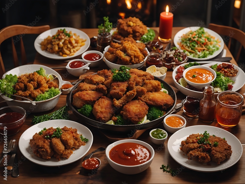 Free photo dinner table with fried meat dishes and sauces Generative Ai Free photo dinner table with fried meat dishes and sauces Generative Ai