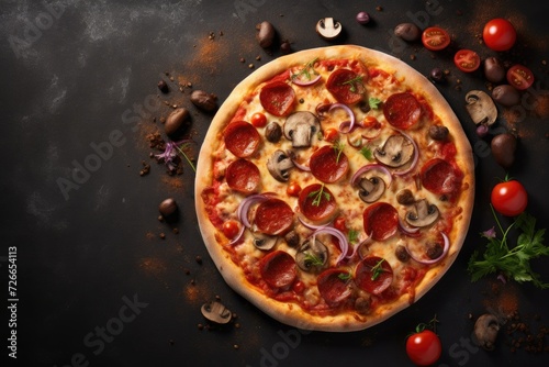 Pizza with salami, mushrooms and onions on a dark wooden background, Tasty pepperoni pizza with mushrooms and olives with copy space, AI Generated