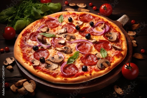 Pizza with salami, mushrooms and olives on black background, Tasty pepperoni pizza with mushrooms and olives with copy space, AI Generated