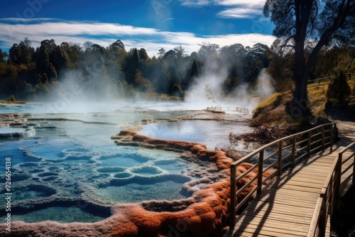 A peaceful boardwalk stretching towards a body of water, emitting mesmerizing steam, Te Puia thermal park, Rotorua town, New Zealand, AI Generated