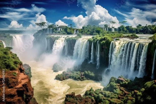 An artwork showcasing a stunning waterfall nestled in the middle of a flowing river, The Iguazu Waterfalls in Brazil, AI Generated