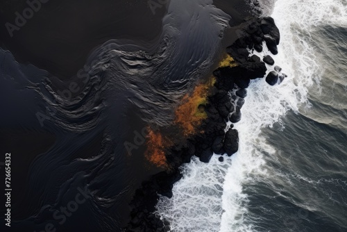 Witness the awe-inspiring sight of molten lava flowing into the ocean from above, The black sand beach in Iceland, Aerial view of the sea and top view, AI Generated