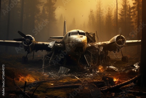 A lone, forgotten aircraft is left stranded and immobile, resting atop the patch of soil, The plane crashed to the ground, AI Generated photo