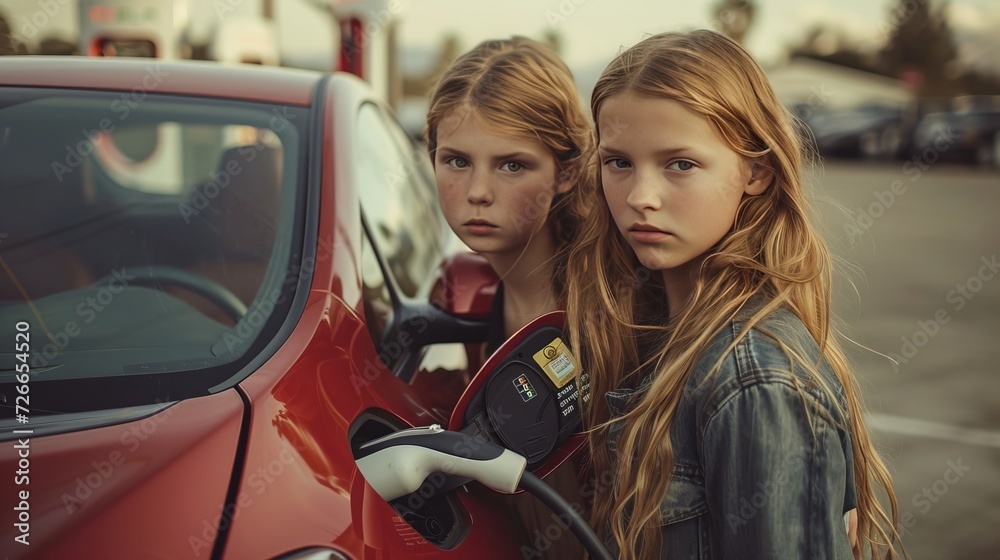 girls charging their electric car