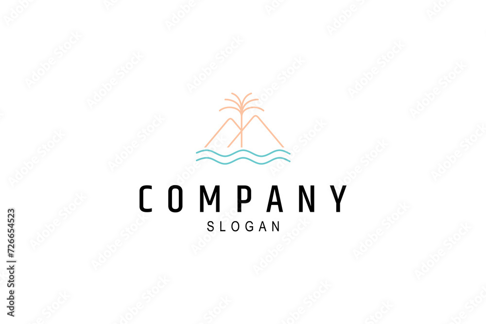 Mountain linear logo design with palm trees and water waves