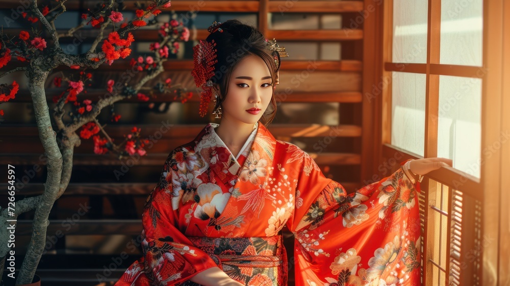 A woman in a vibrant kimono exudes elegance. The grace and beauty of Japanese tradition. A woman in a vibrant kimono exudes elegance. The grace and beauty of Japanese tradition.