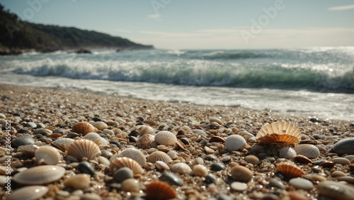 seashells close-up on the beach. Surf in the background. Selective focus. Free space for text.