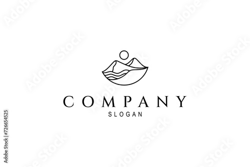 Mountain linear logo design with water elements under sunlight