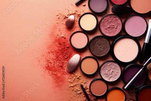 The image showcases a collection of cosmetic products and brushes on a vibrant pink background, Top view of a makeup cosmetics set, AI Generated