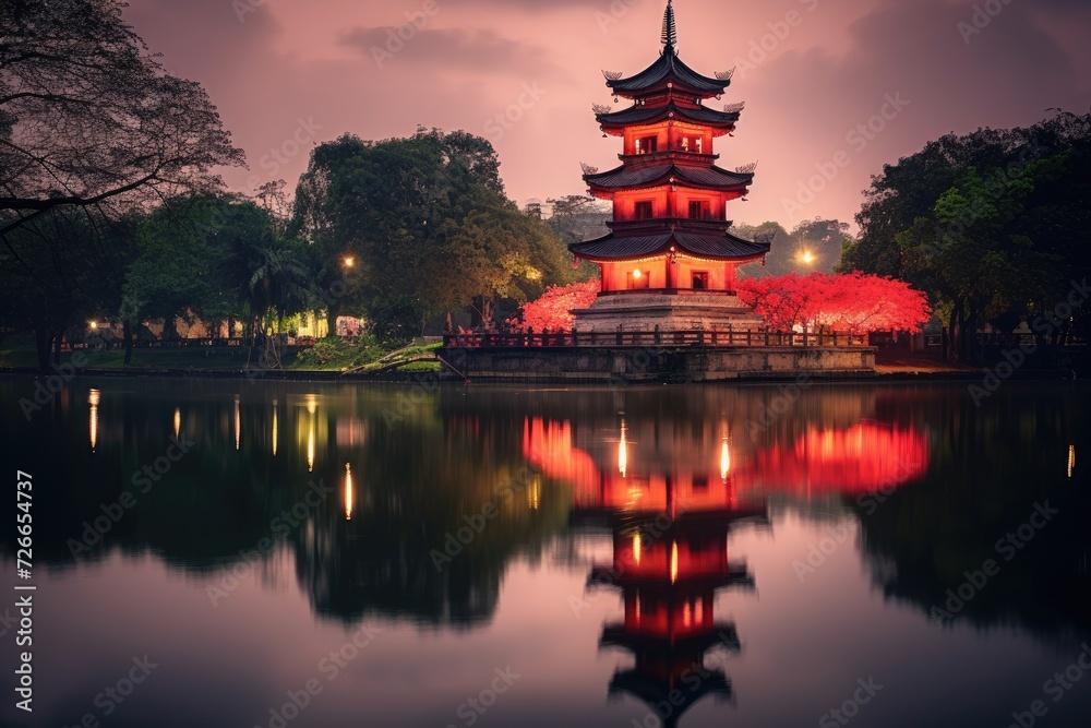 A stunning view of a towering building standing gracefully near a tranquil body of water, Tran Quoc pagoda in Ha Noi, the capital of Vietnam, AI Generated A stunning view of a towering building standing gracefully near a tranquil body of water, Tran Quoc pagoda in Ha Noi, the capital of Vietnam, AI Generated