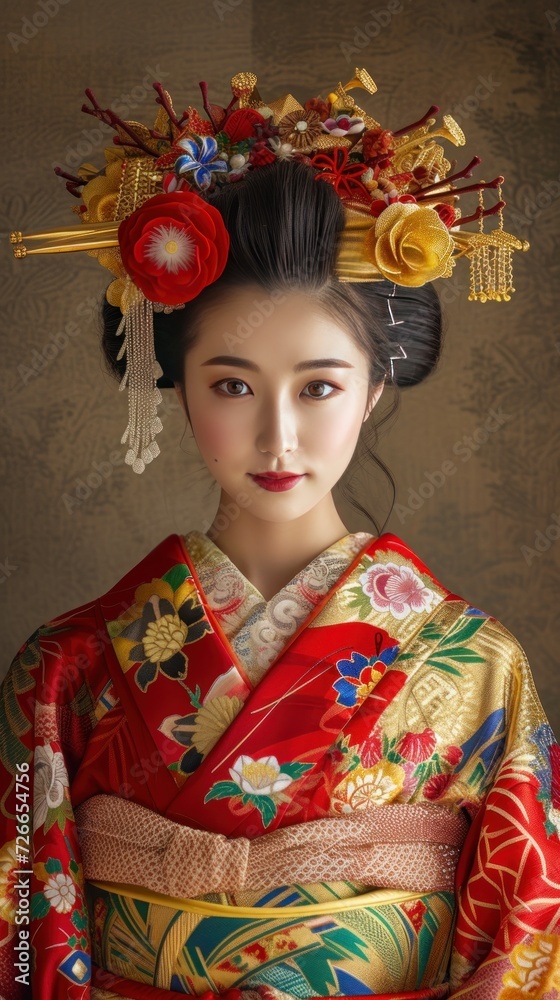 A woman in a vibrant kimono exudes elegance. The grace and beauty of Japanese tradition.