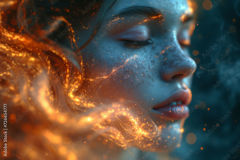 A digital artwork showing a person with eyes closed, surrounded by undulating waves of light, indicating psychic intuition. Concept of intuition and inner vision. Generative Ai.