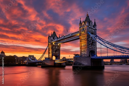 The Tower Bridge in London illuminated in vibrant colors as the sun sets  creating a stunning and iconic sight  Tower Bridge in London at sunset  London  UK  March  AI Generated