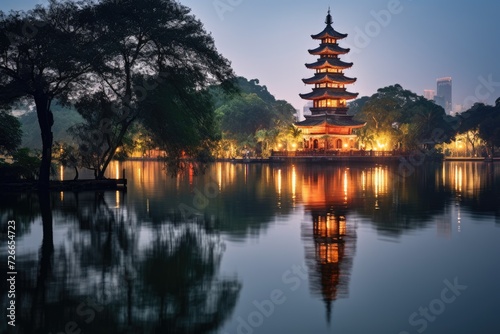 A serene scene of a tall pagoda gracefully standing on top of a calm lake, surrounded by lush green trees, Tran Quoc pagoda in Ha Noi, the capital of Vietnam, AI Generated