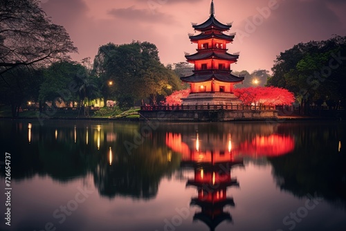 A stunning view of a towering building standing gracefully near a tranquil body of water, Tran Quoc pagoda in Ha Noi, the capital of Vietnam, AI Generated