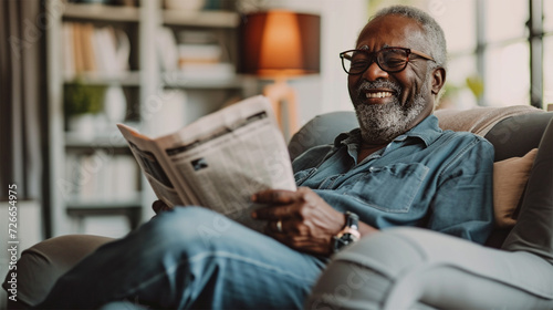 long shot of a 60 year old black male, relaxing in a gray reclining chair in his large bright living room, smiling while reading a newspaper  photo