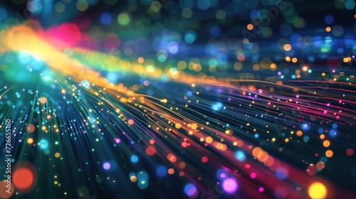 Data fiber transfer as a mesmerizing network of luminous strands swiftly weaving through a digital landscape. 