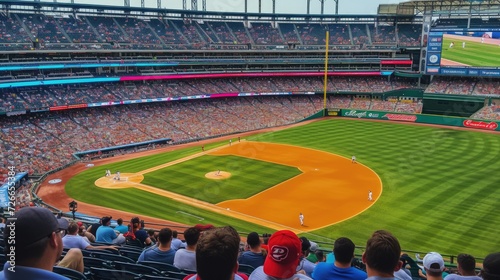 Large baseball arena background. Big game stadium. Professional sport field aerial view. World championship match. Many fans cheer players. People watch competition Green grass lawn. American football