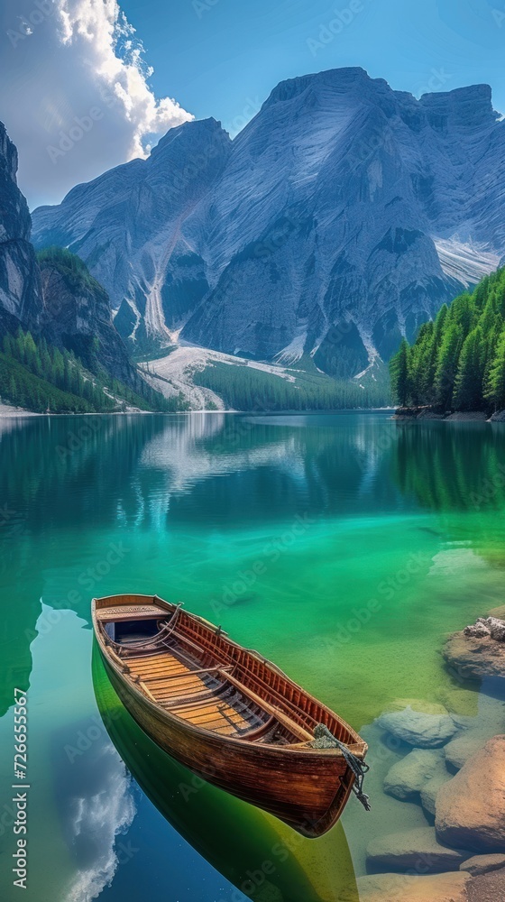 Lonely wooden boat on the lake. Majestic mountains and pristine emerald waters reflect the natural beauty of the pine forest that lines its shores.