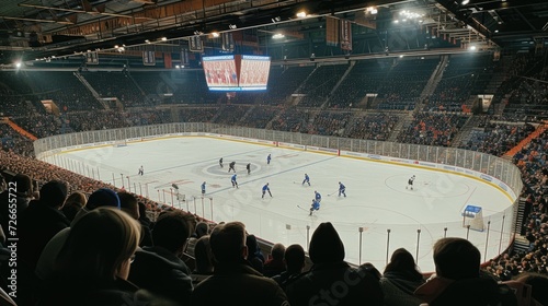 Large ice hockey arena background. Big game stadium. Professional sport rink. World championship match. Skating tournament. Many fans cheer players. People watch hockey game competition.