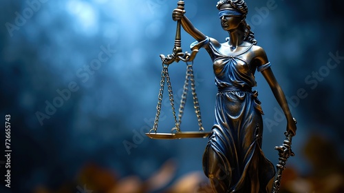Blind lady justice with scales of justice on dark background, copy space. Legal law concept.