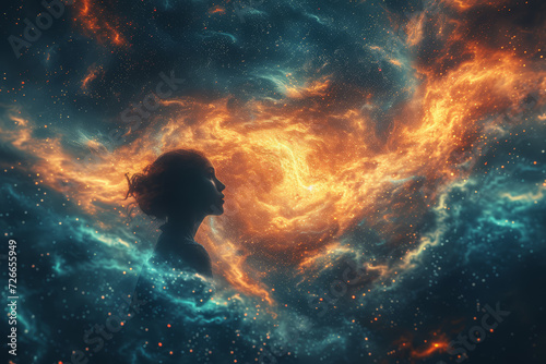 An artistic image of a person's silhouette against a backdrop of cosmic waves, symbolizing universal connectivity. Concept of universal connection and psychic bonds. Generative Ai. photo