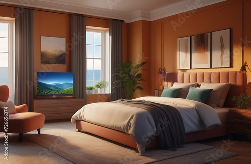 Classic luxury room interior in brown shades. Bed, large window