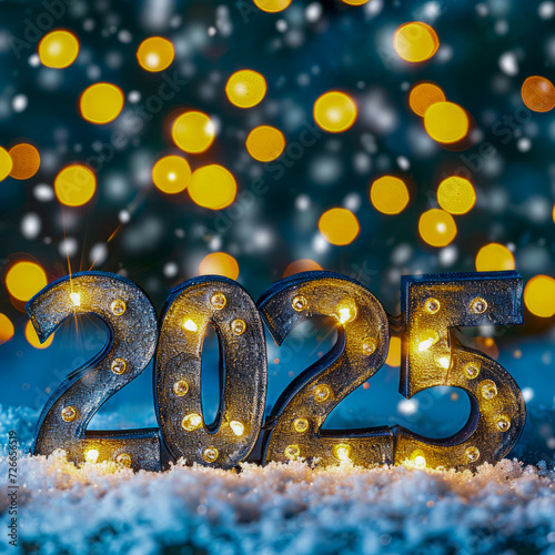 Abstract banner background with golden stars, particles and sparks on a dark blue background. Christmas shining light with beautiful bokeh on dark blue. The background of the New Year in 2025