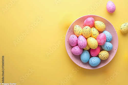  Colorful decorative eggs on a pastel yellow background.