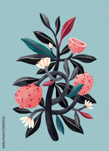 Lemon Tree Painting, Lemon Branch With Fruits And Flowers