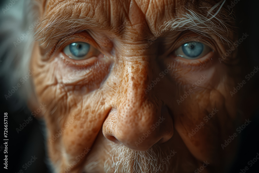 An unretouched portrait of an elderly person, with every wrinkle telling a story of life. Concept of aging gracefully and the beauty in reality. Generative Ai. An unretouched portrait of an elderly person, with every wrinkle telling a story of life. Concept of aging gracefully and the beauty in reality. Generative Ai.